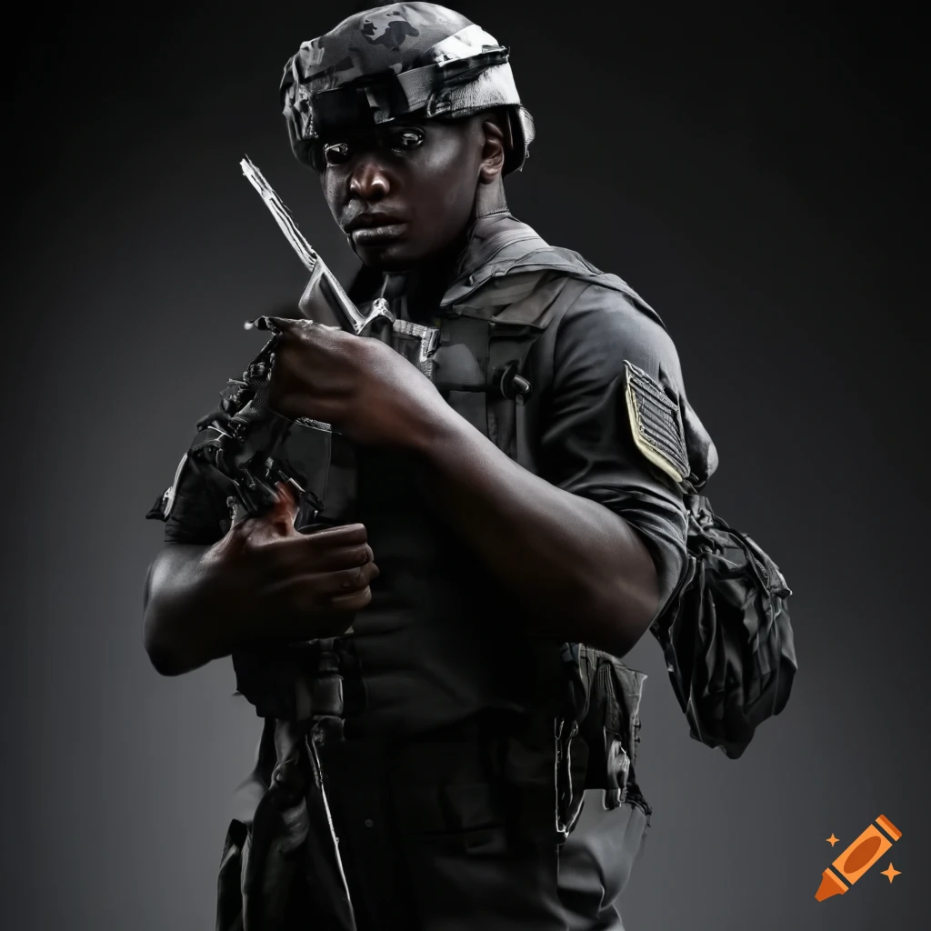 African man in black tactical gear with folded arms