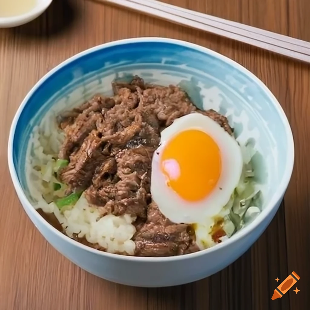 Japanese-style sliced beef rice bowl with green onions and fried egg in a white paper bowl