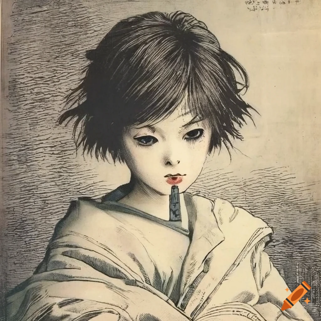 Vintage black and white manga boy in retro magazine style on Craiyon