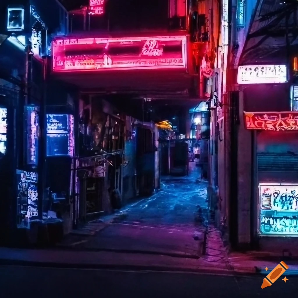 Alley filled with neon lights in a cyberpunk futuristic setting on Craiyon