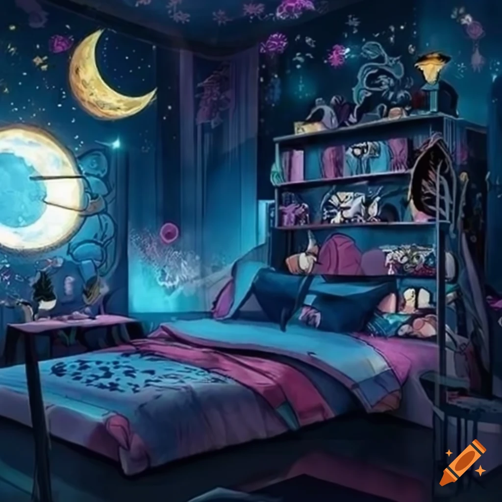 Anime bedroom with a moon theme on Craiyon