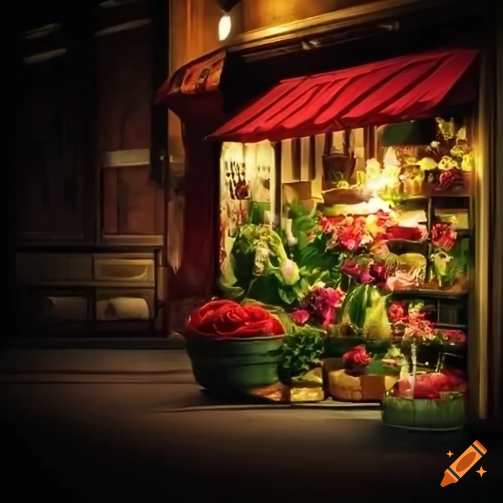 Romantic flowers shop at night on Craiyon