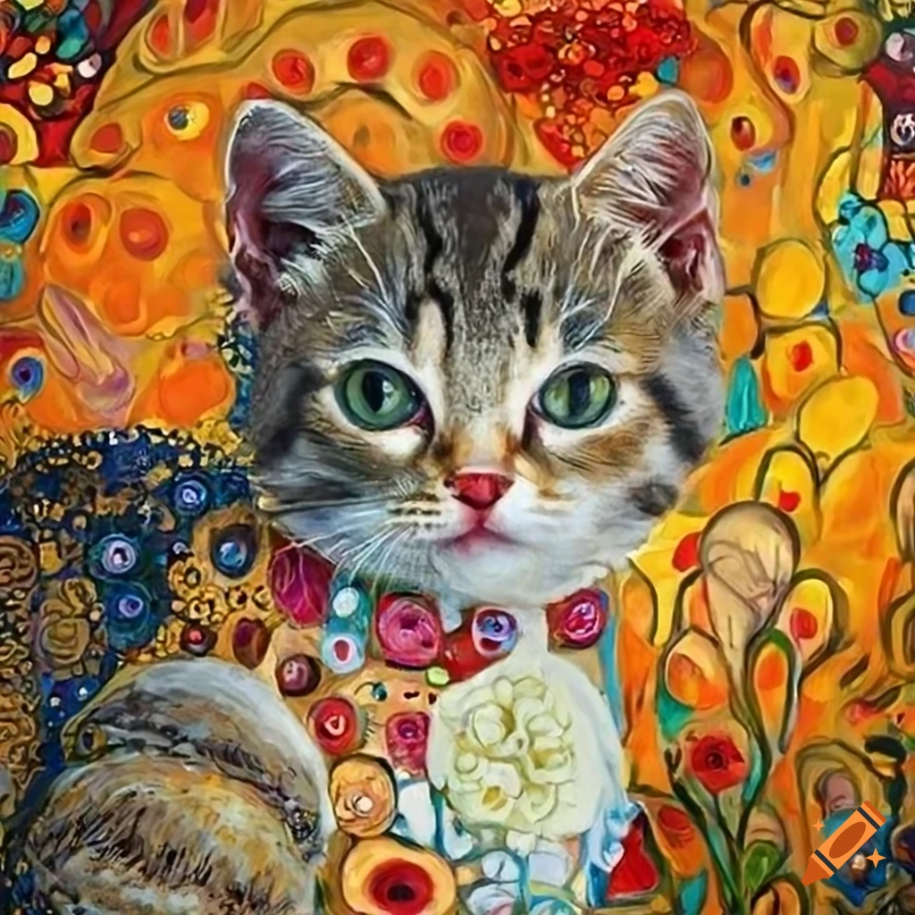 Beautiful kitten with flowers in klimt art style on Craiyon