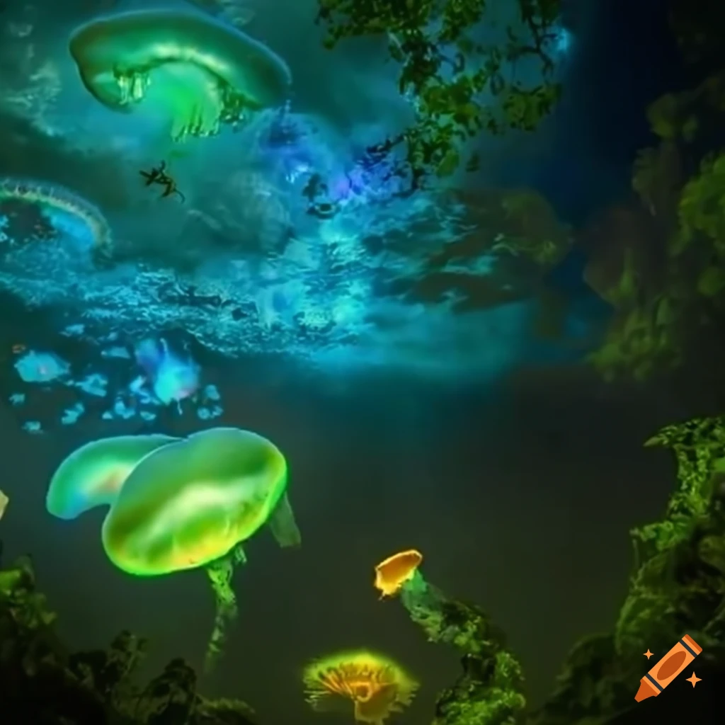 Mystical cavern with alien flowers and prism-lit foliage
