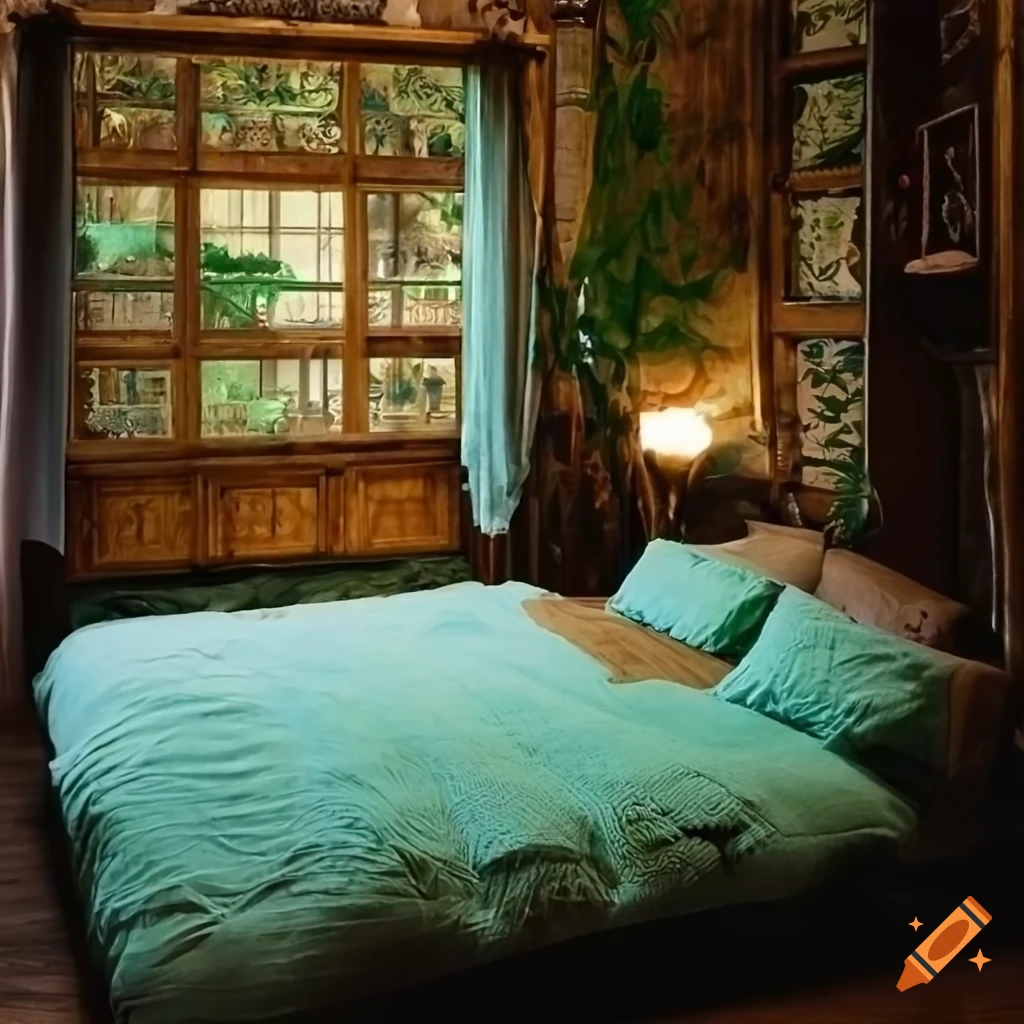 Rustic wooden bedroom with mint green and beige colors, adorned with plants and Japanese influence