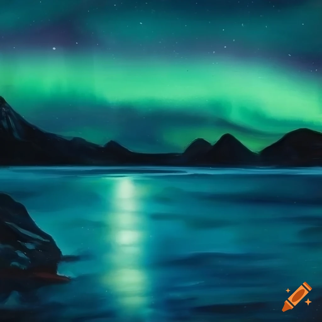 Northern lights and shining sea water in a nighttime landscape
