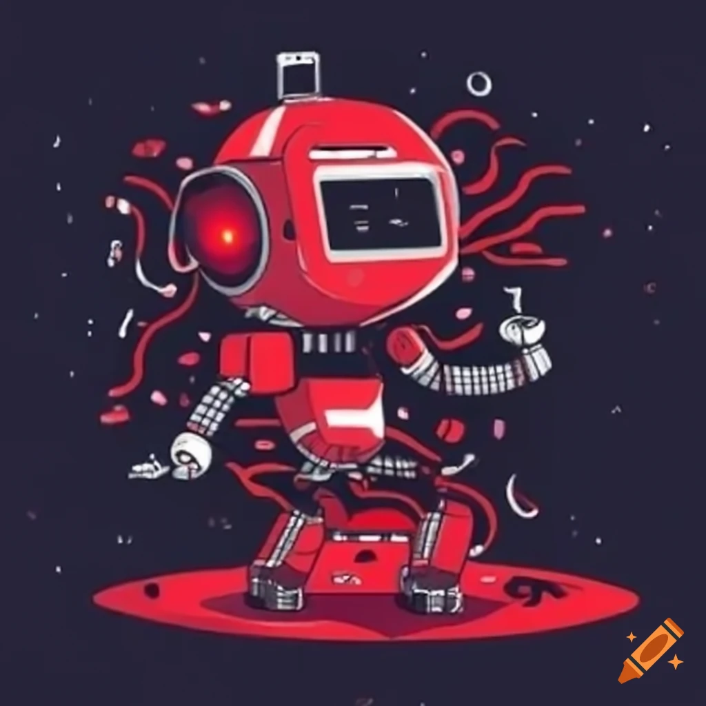 Dystopian robots dancing at a nightclub in red and black ink anime style