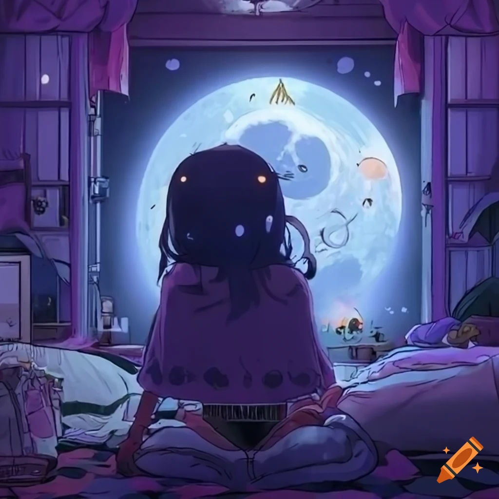 Anime lofi bedroom with a moon theme