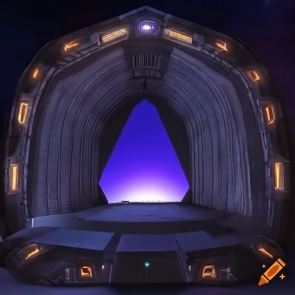 Stargate portal emerging from a pyramid at dawn