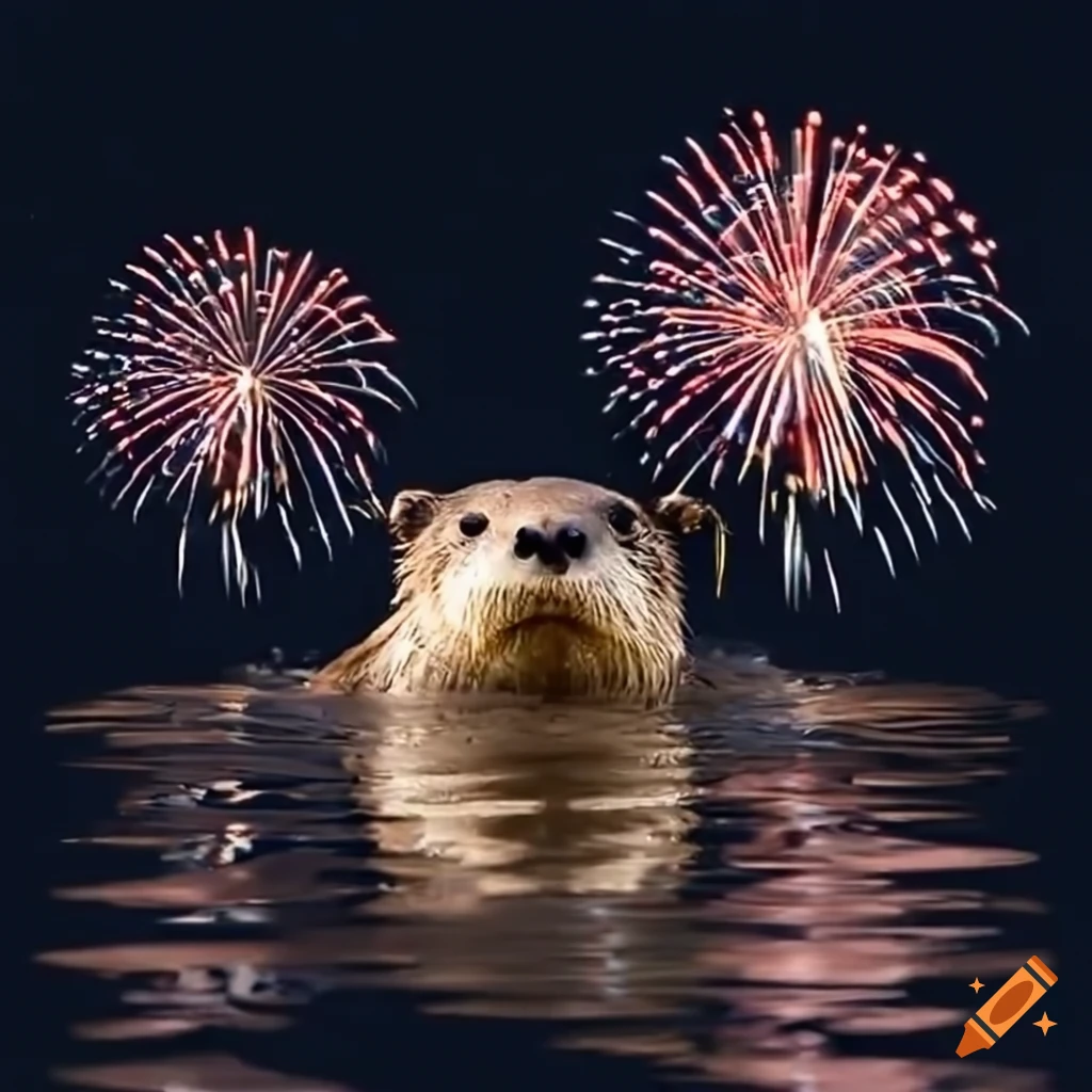 Otter chilling in water with fireworks in the sky
