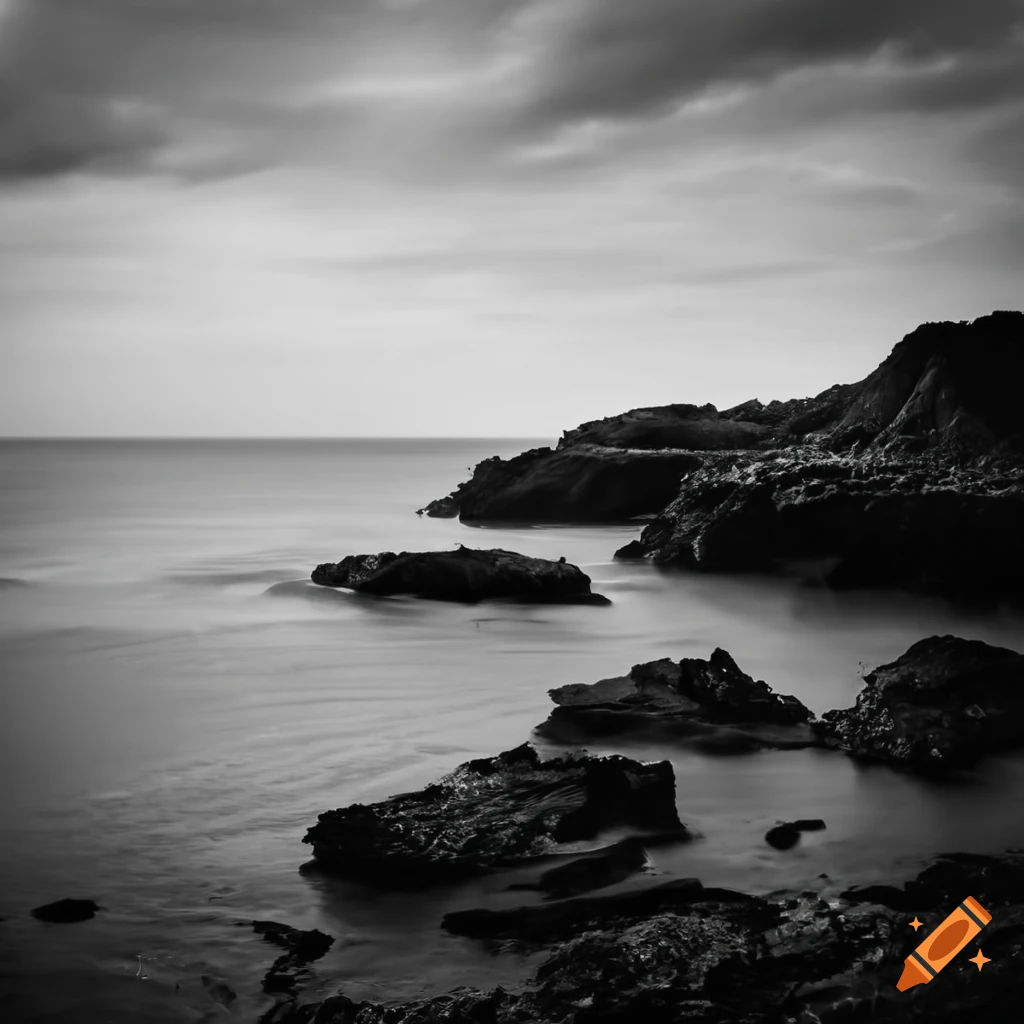 Black and white photo of coastline along a dark ocean