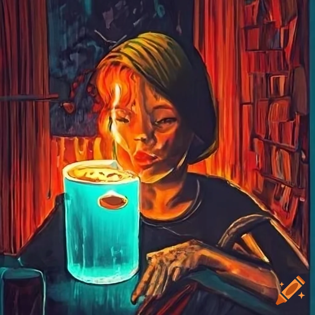 Noir graphic novel scene with rainy diner and neon night lights