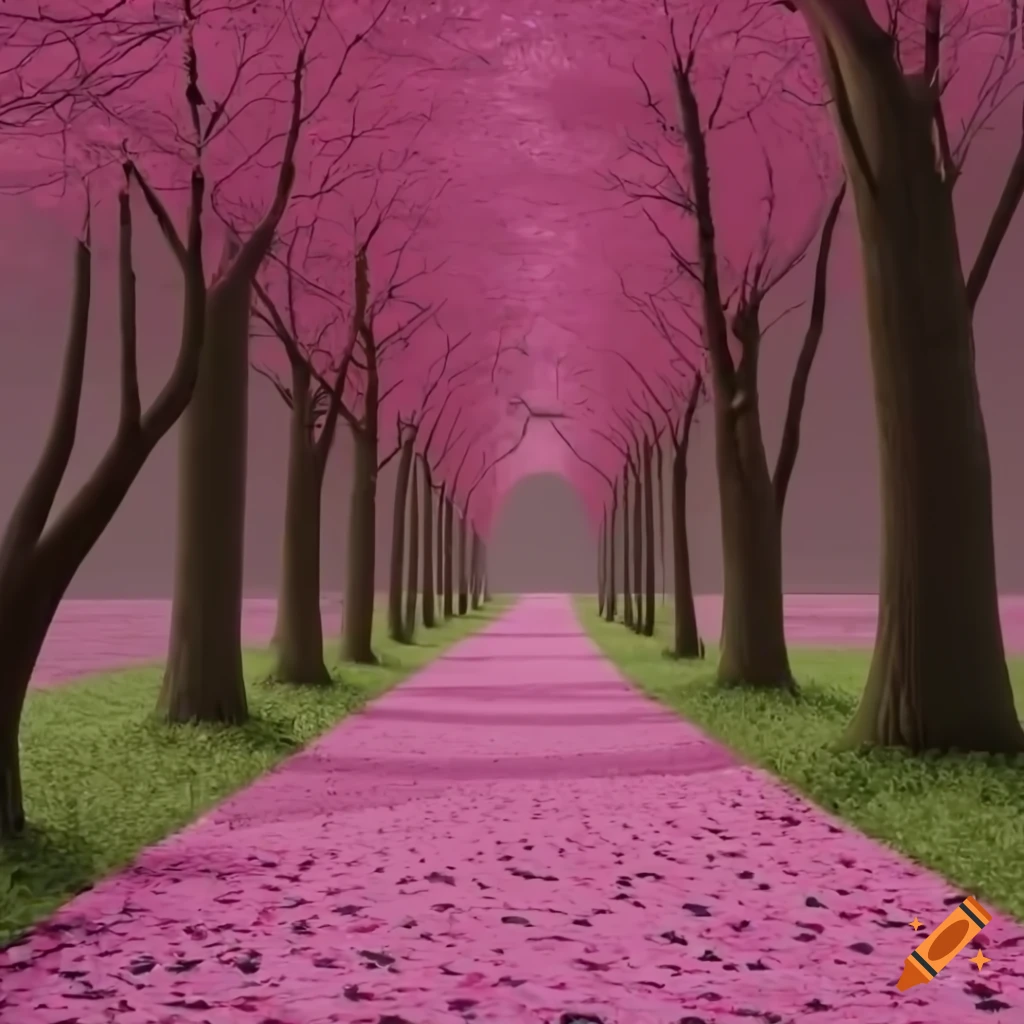 Pathway surrounded by pink flowery trees in high resolution on Craiyon
