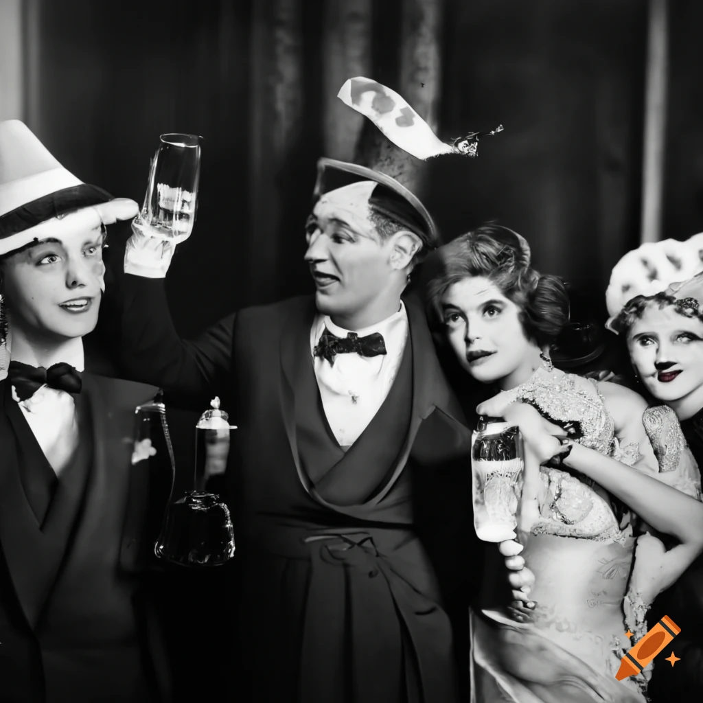 Cheerful New Year's Eve celebration in 1920s NYC setting