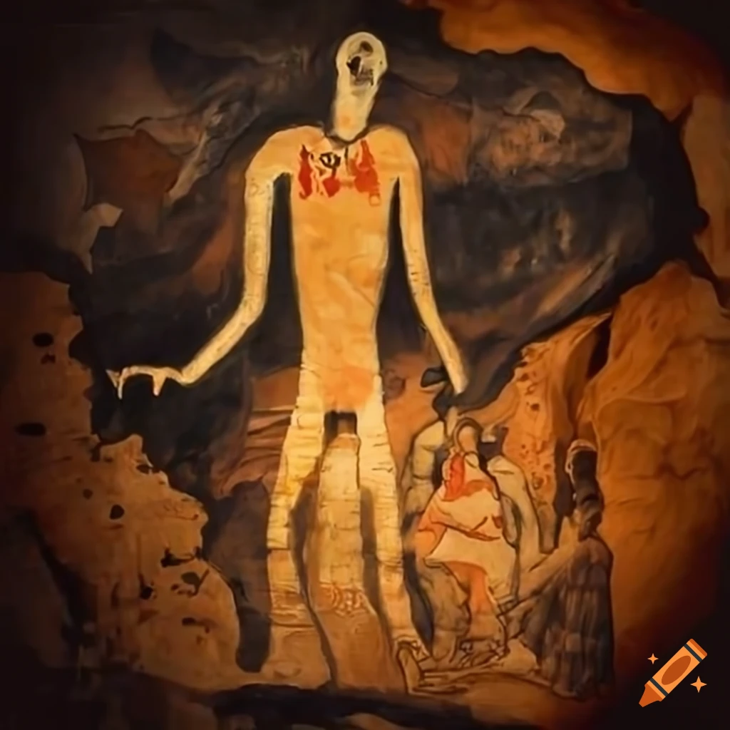 Ancient cave painting of a tall man communicating with his people