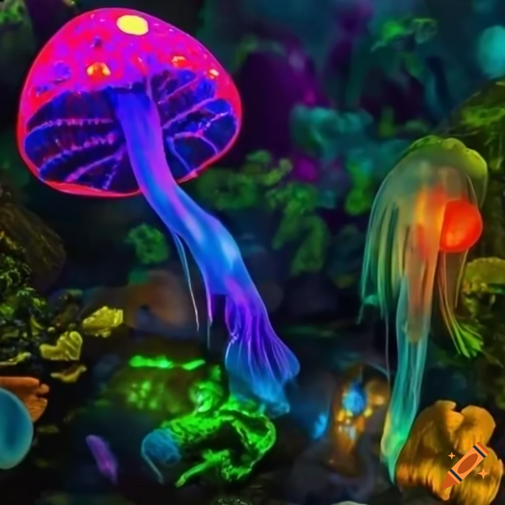 Alien planet with radiant rivers, mystical statues, and vibrant purple flora