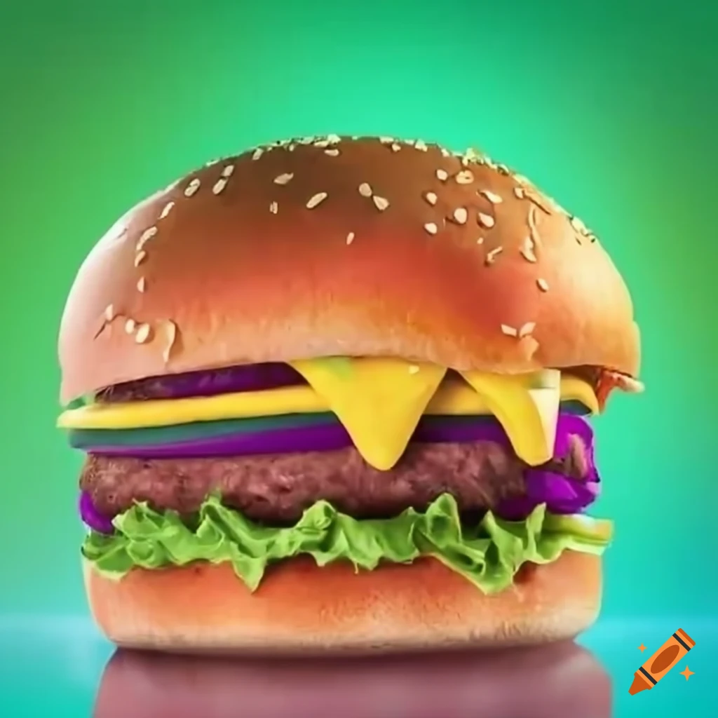 Rainbow burger ad with colorful meat and buns on Craiyon