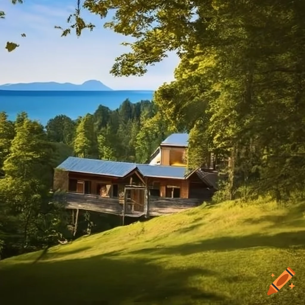 Retreat center surrounded by trees with a view of a lake on Craiyon