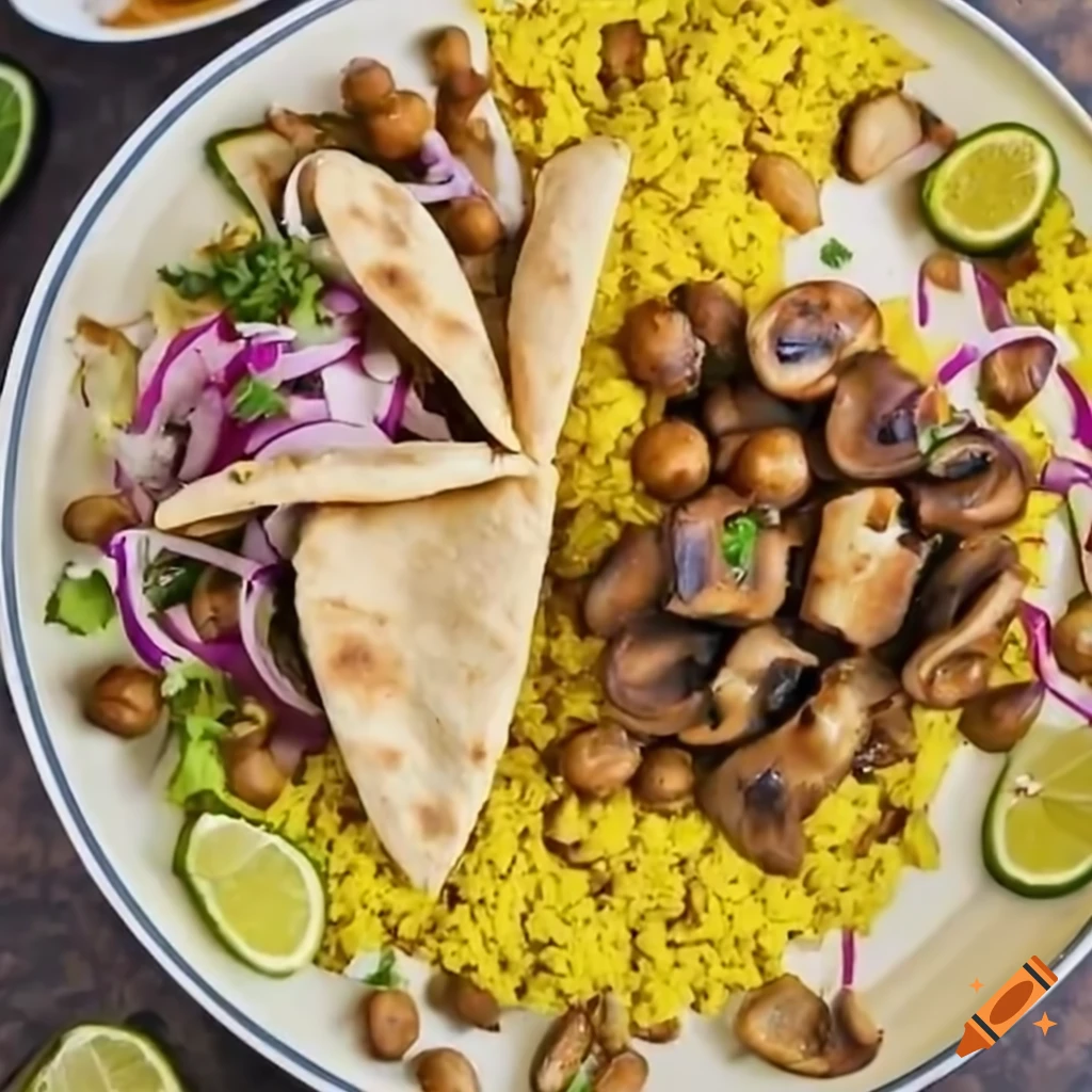 Chickpea and mushroom shawarma on yellow rice with pita
