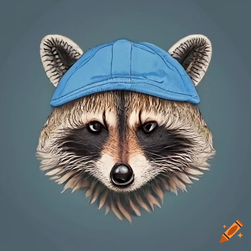 Raccoon wearing a blue baseball cap and earrings