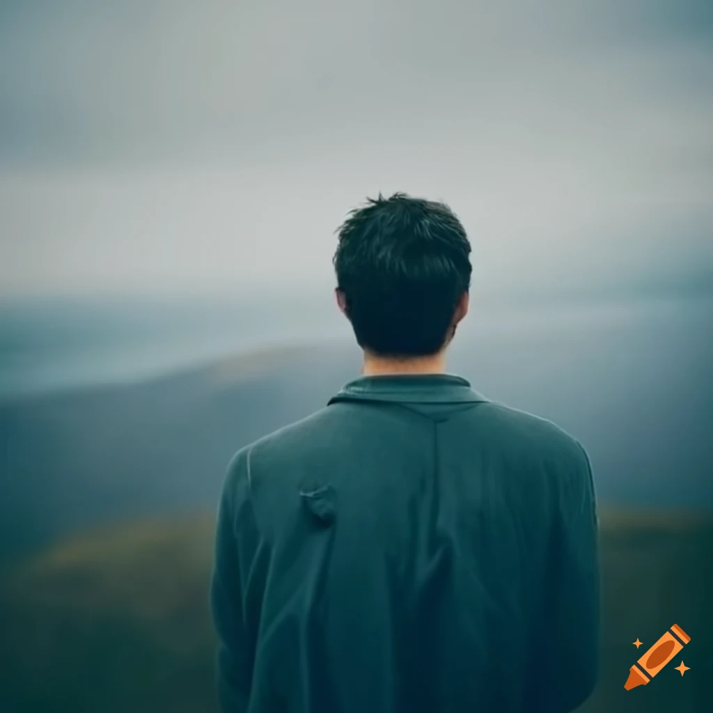 Solitary man gazing at the mountain landscape