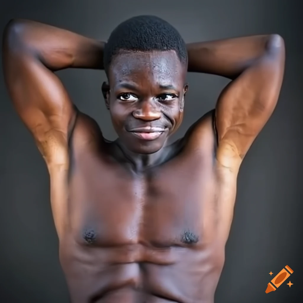 Muscular African man with hands behind head