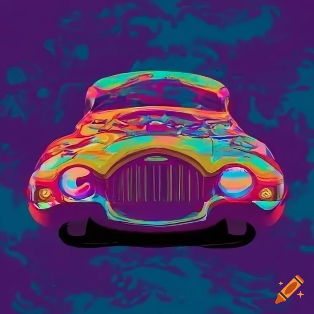 Colorful atompunk-style illustration of classic automobile from a plan view
