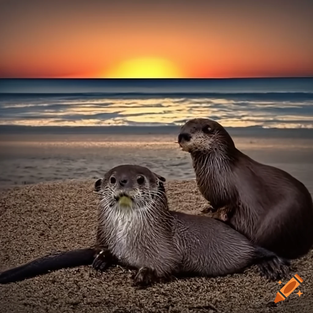 Two otters playing backgammon on the beach with a sunset in the background