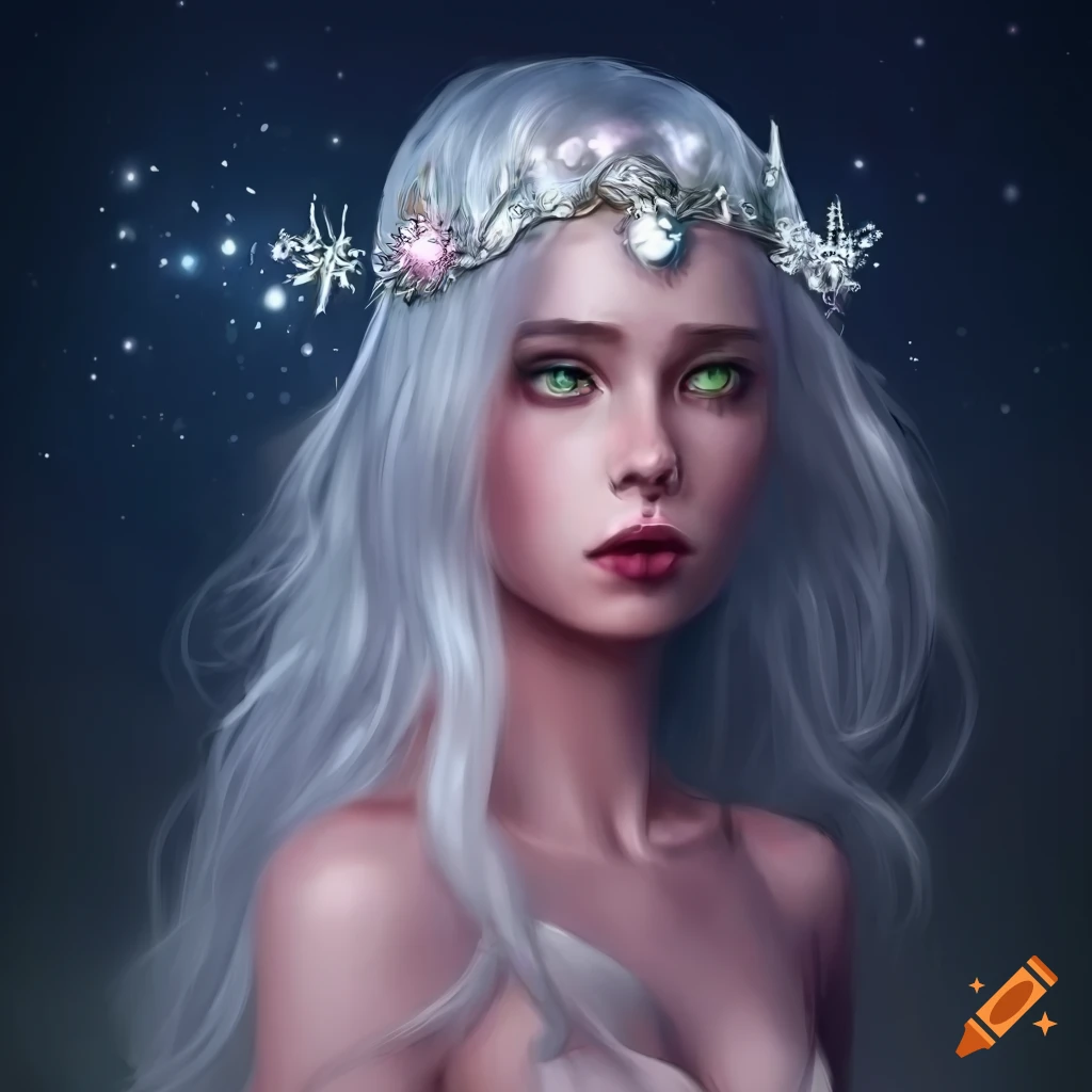 Moon goddess with long silver hair, green eyes, and pink lips, wearing ...