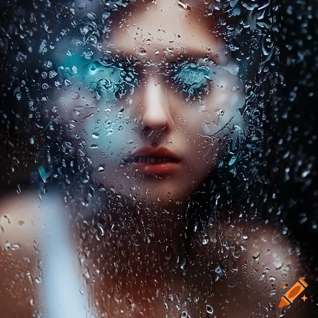 Delicate woman behind rain-covered window with dreamlike glitter on Craiyon