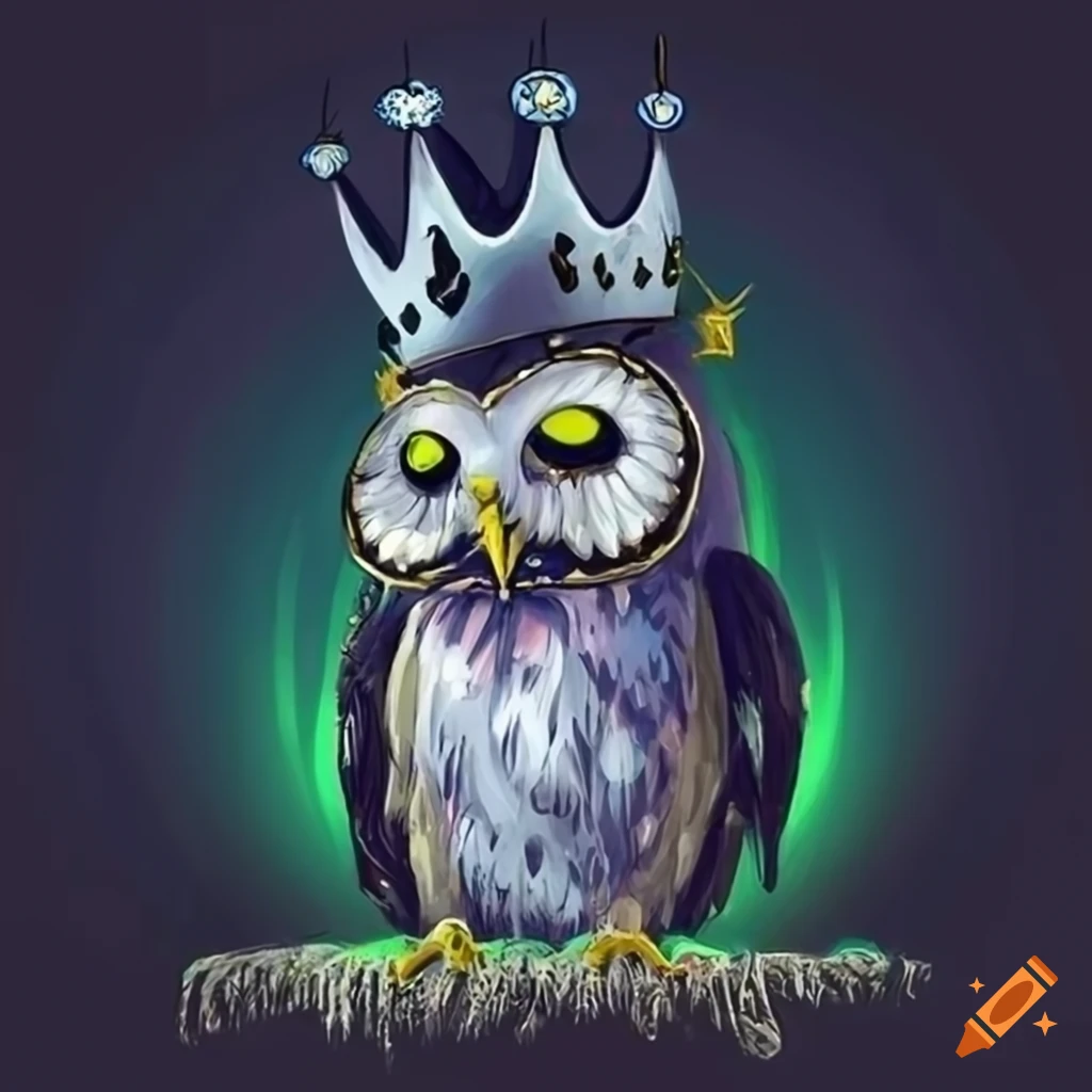 Haunting owl with a crown in Tim Burton style