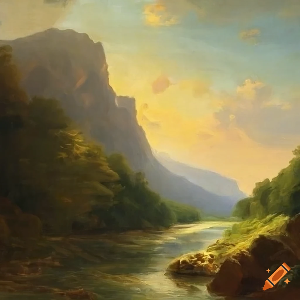 Thomas cole painting of majestic sky, verdant valley with river and