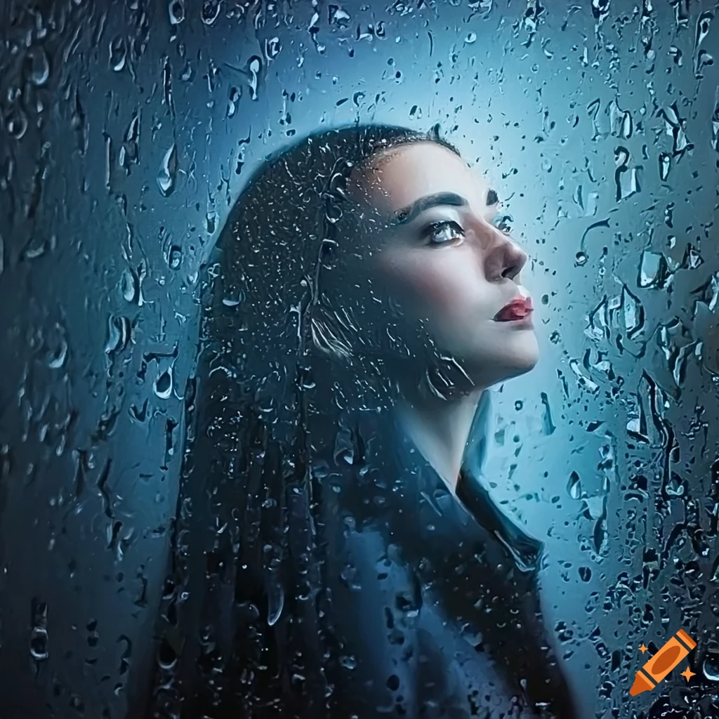 Delicate woman behind a rain-covered window in a melancholic setting on  Craiyon