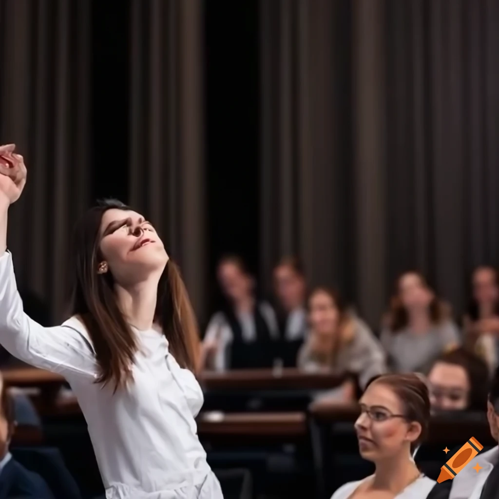 Embarrassed young woman delivering a talk in an institutional setting