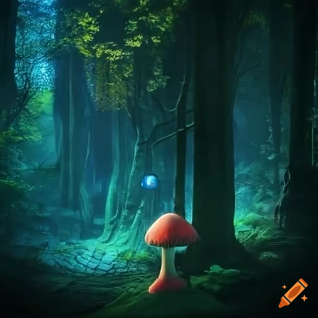 Neon fairy forest with lava mushroom and gothic lantern on Craiyon