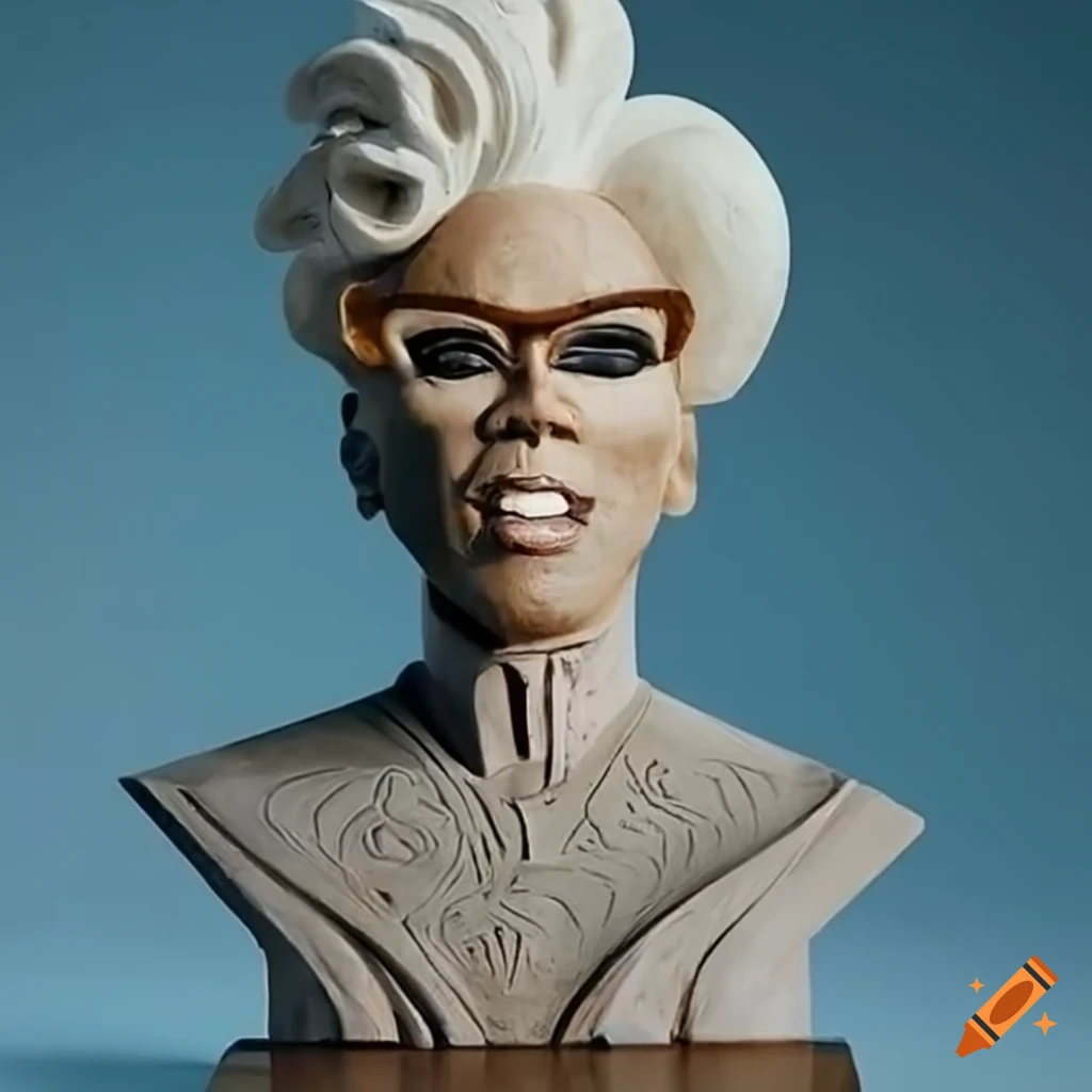 Bust sculpture of rupaul charles in white stone on Craiyon