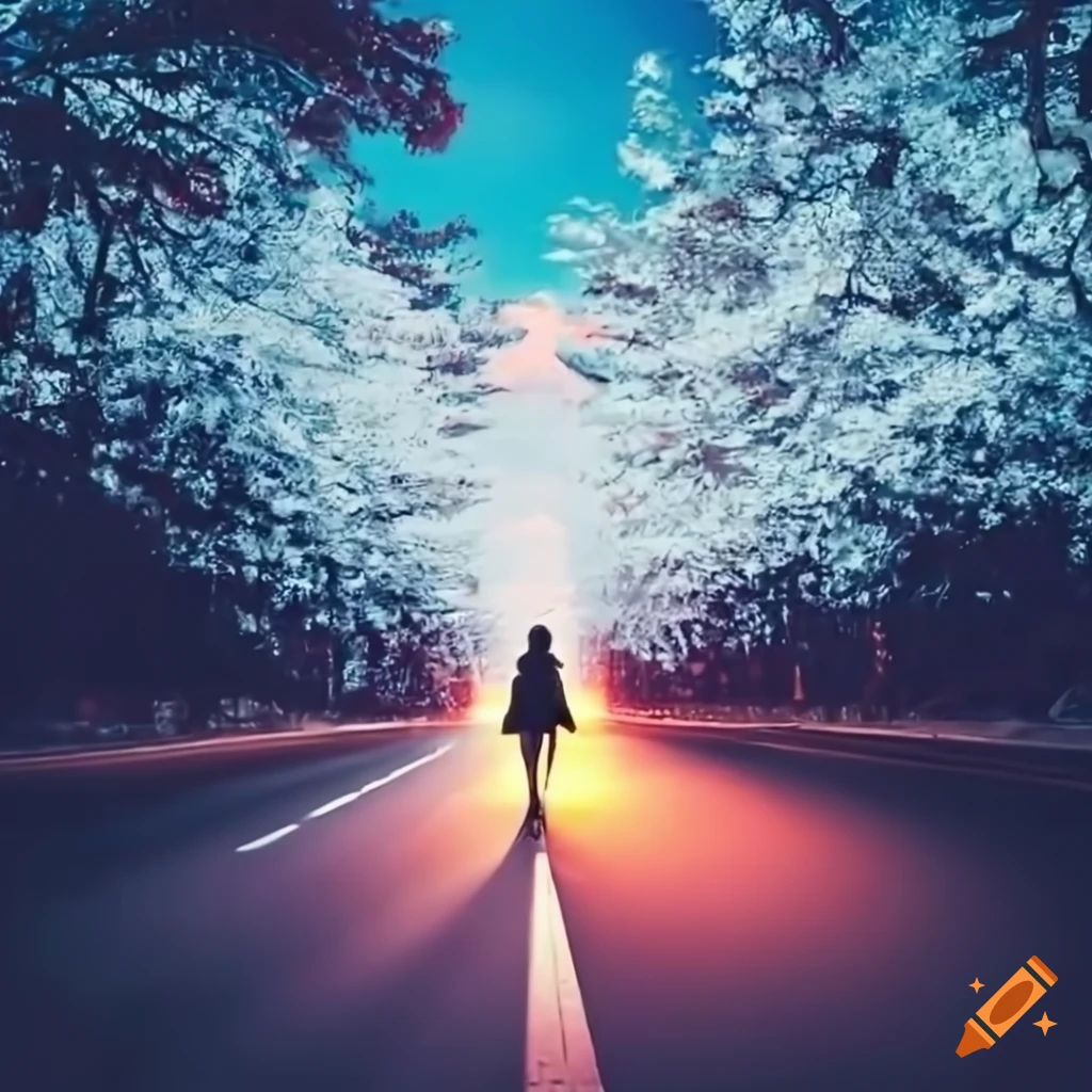 Woman walking down a road with radiant light on Craiyon