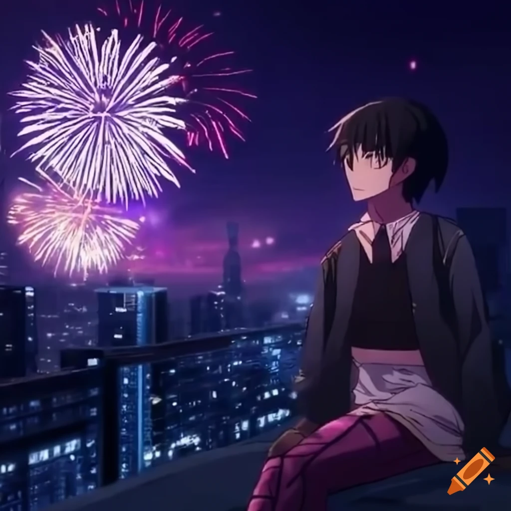 Anime fireworks display in a natural scenery on Craiyon