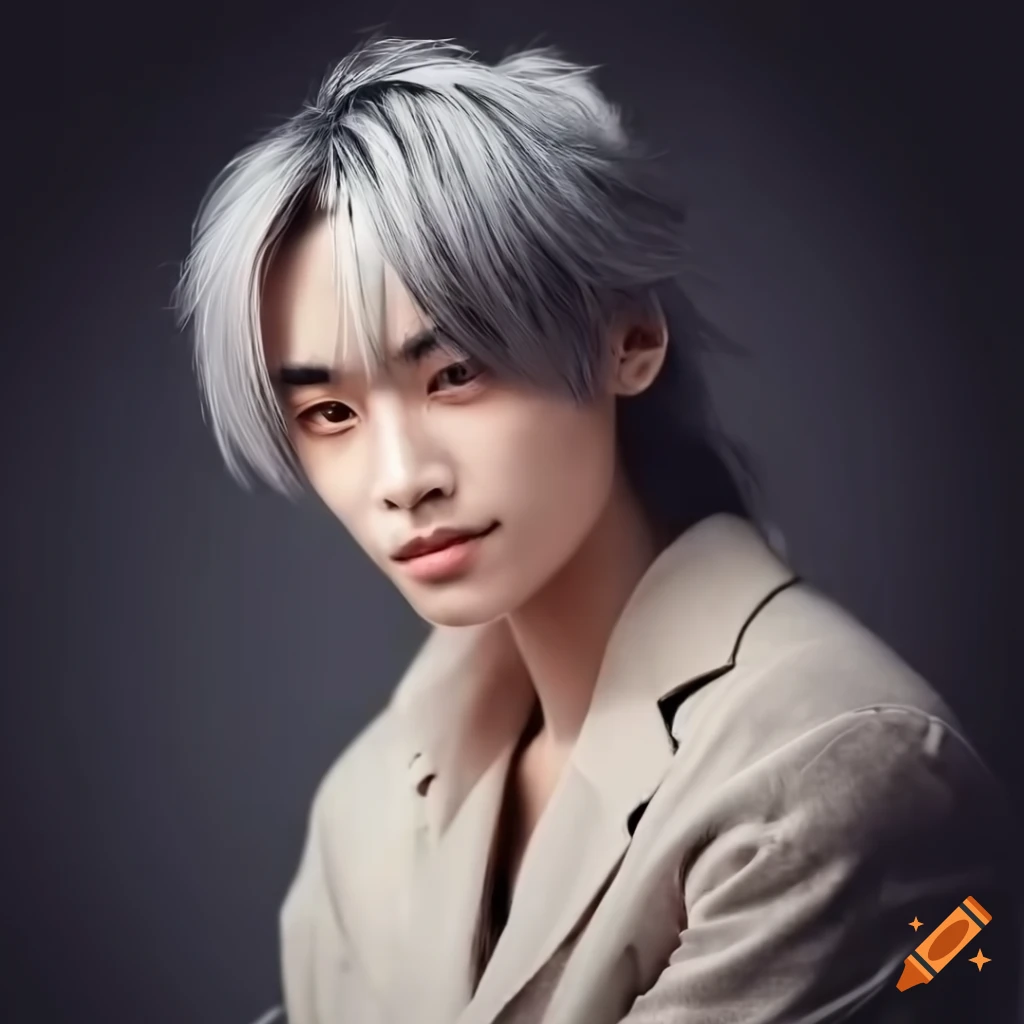 Asian man with long fluffy grey/blond hair and sharp features on 