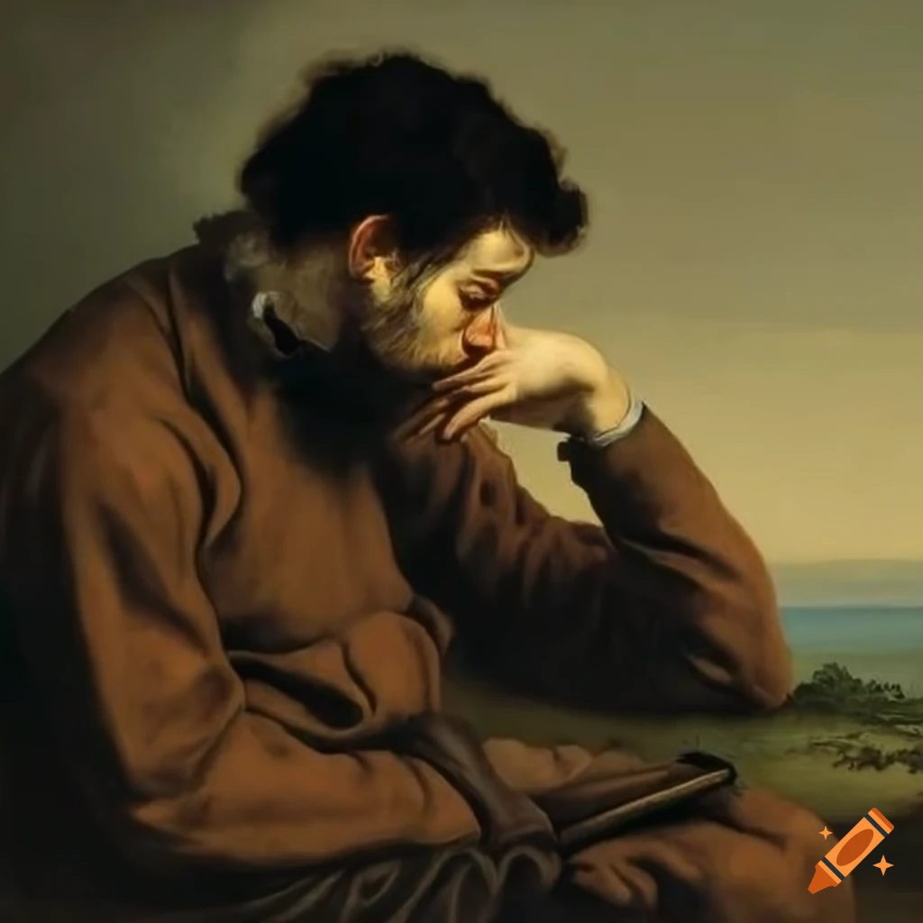 Emotional artwork of a man surrounded by nature in the style of Gustave Courbet's brushwork
