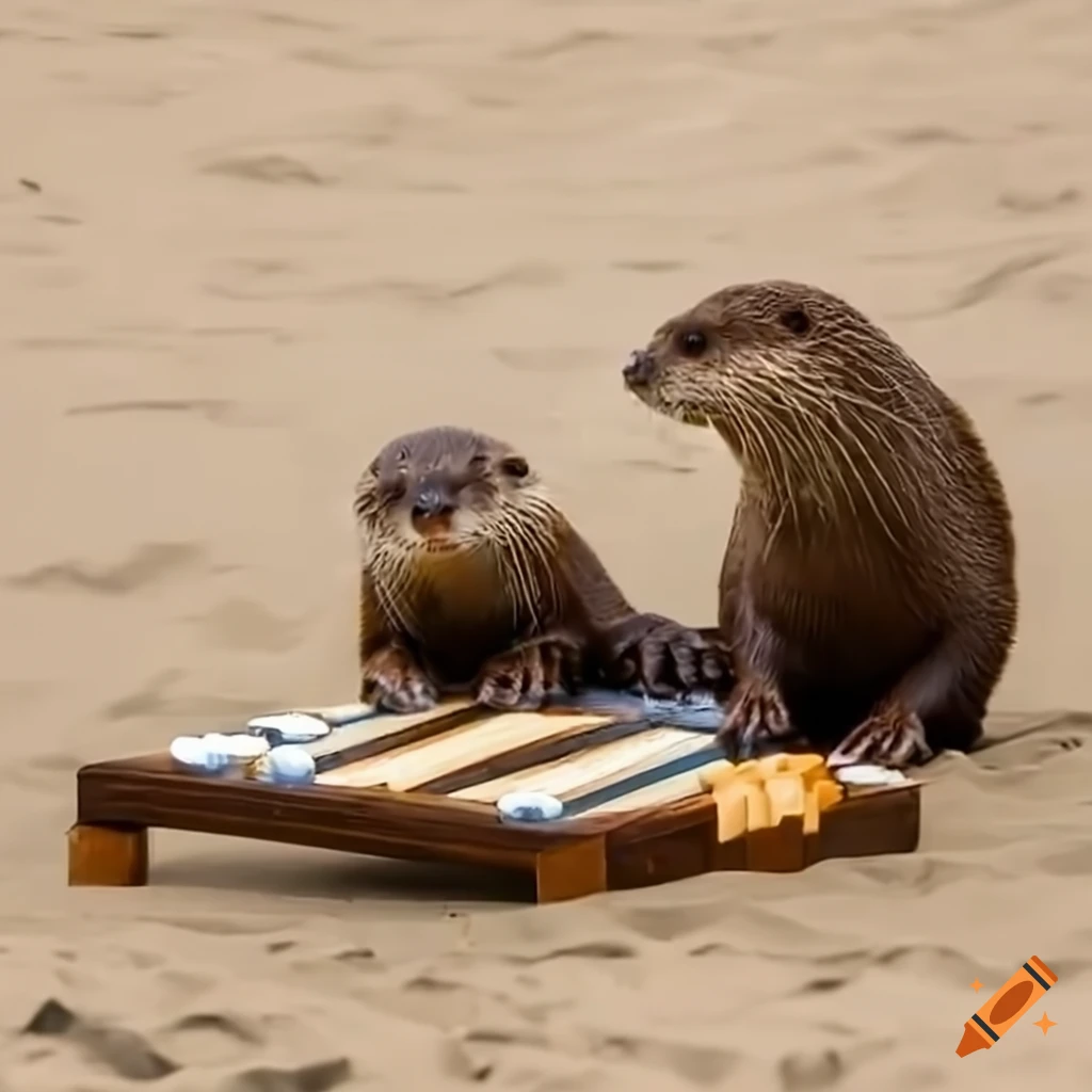 Two otters playing backgammon on a sandy beach