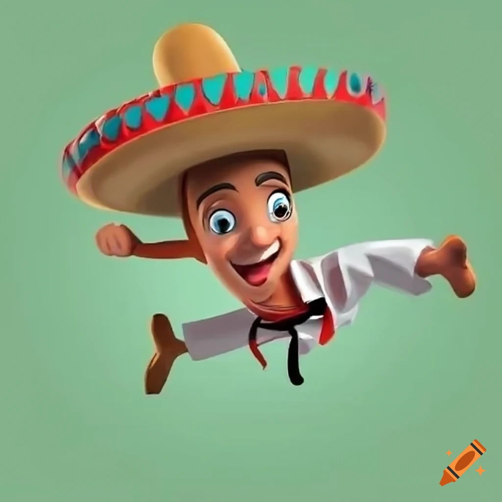Cartoon character performing a mid-air karate kick with a sombrero and poncho