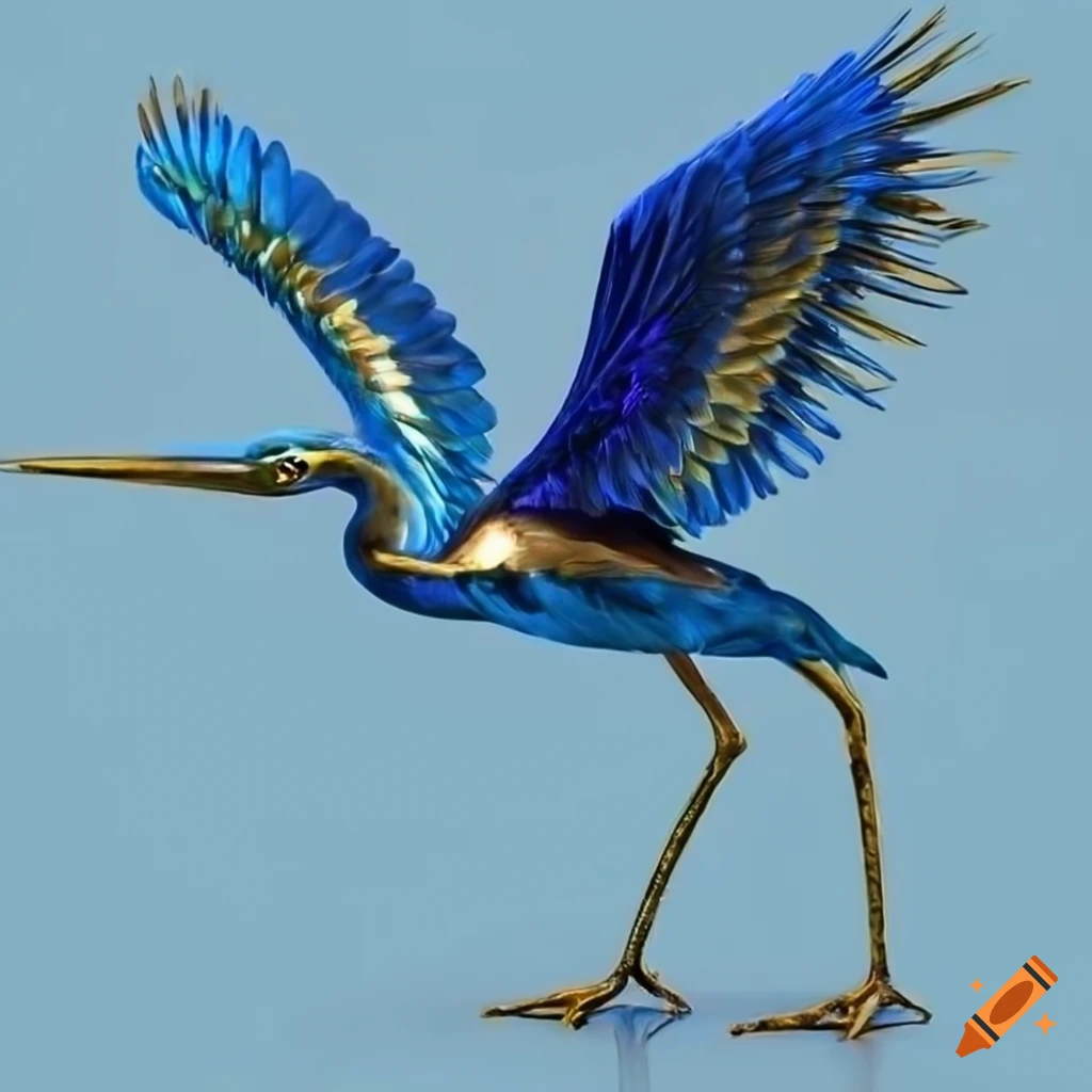 Metallic blue heron sculpture with golden wings on Craiyon