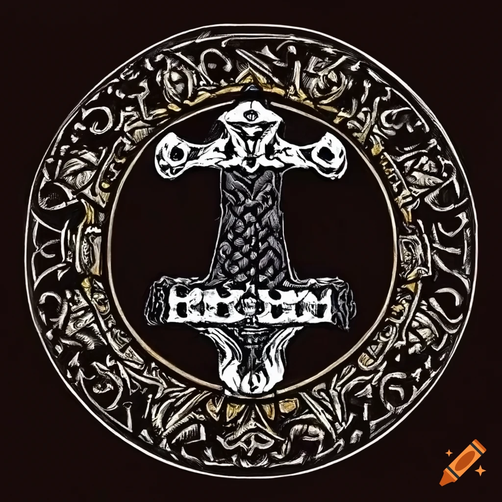 Upside down thor's hammer with ravens, wolves, and dragon in heraldic