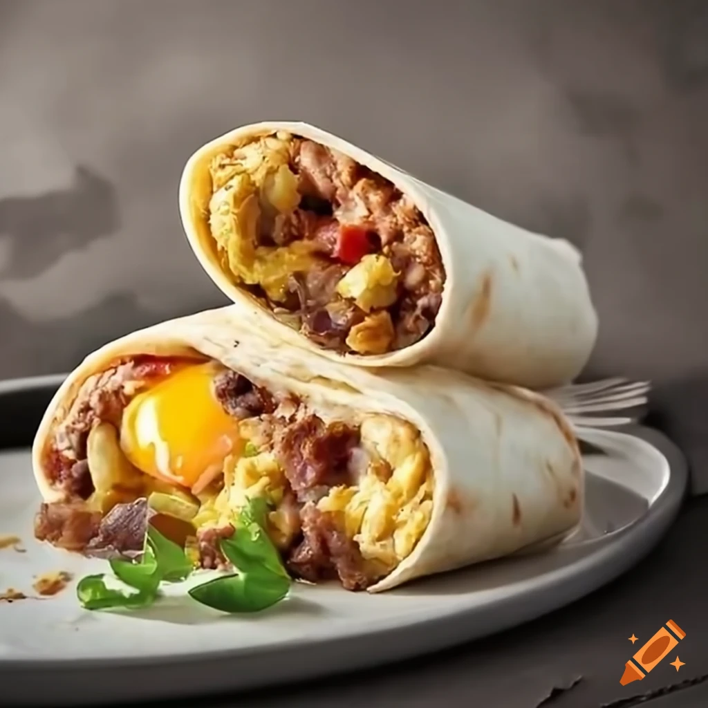 Loaded breakfast burrito with eggs, bell peppers, potatoes, and bacon on Craiyon