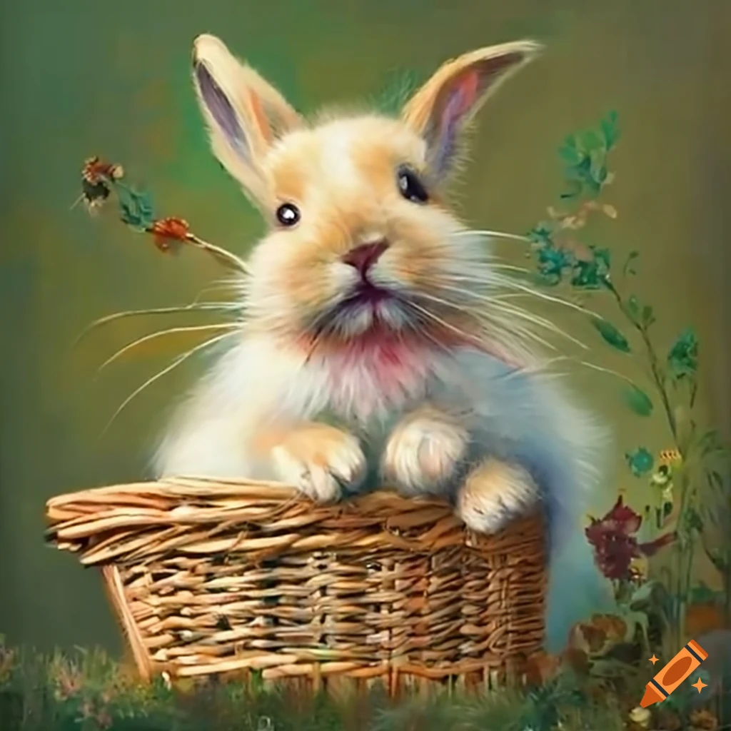 Innocent and cuddly baby bunnies in a wicker basket on Craiyon