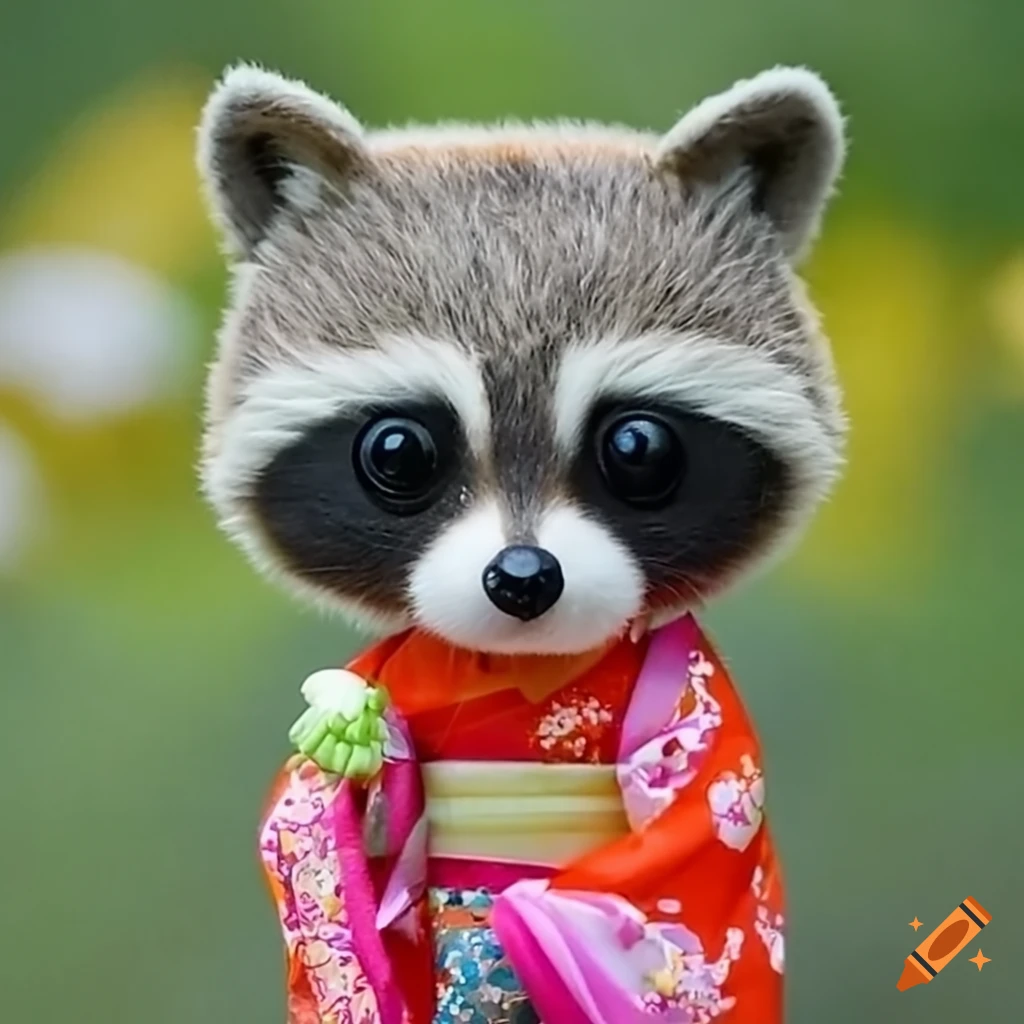 Adorable raccoon wearing a kimono in Funko pop style