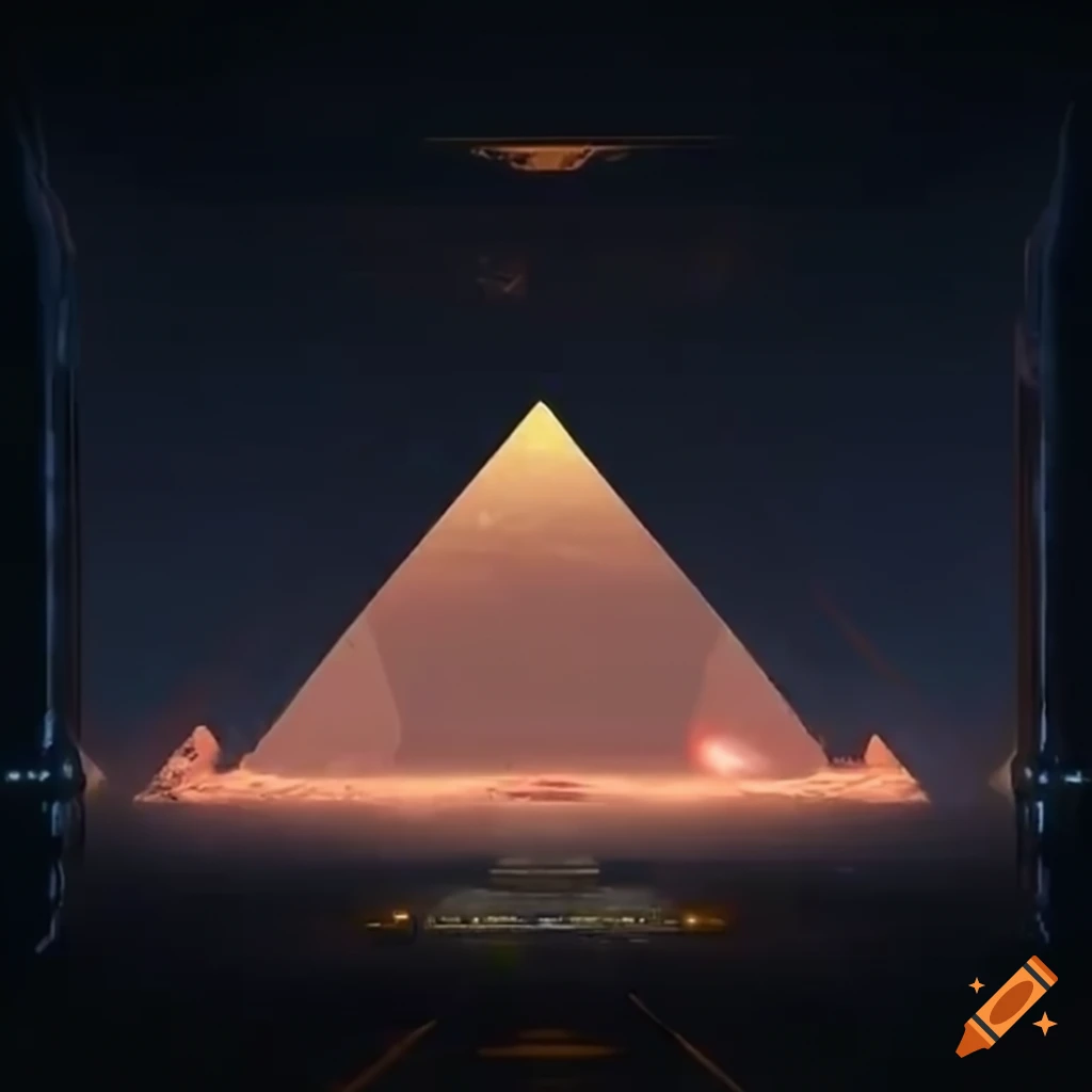 Sci-fi portal opening from ancient pyramid in broad daylight