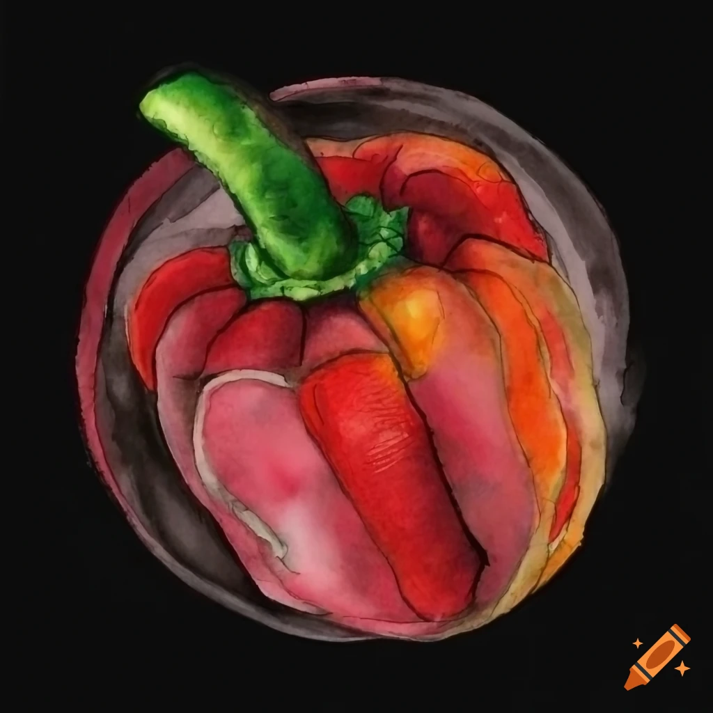 Charcoal drawing of paprika herb on black background in a circular