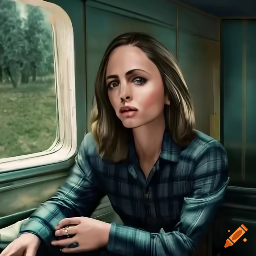 Young woman in country plaid shirt and high-waist black leather trousers sitting in a caravan trailer looking out of window
